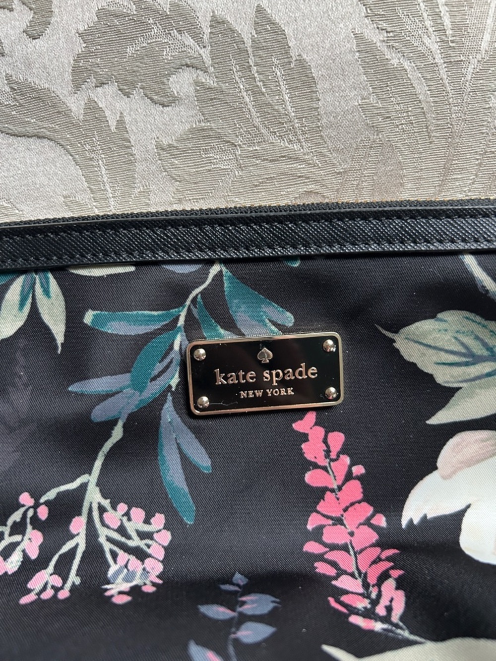 kate spade Black Floral Nylon Cosmetic Travel Pouch with Pink & Cream Blooms - Picture 3 of 6